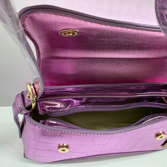 Metallic Mirror Crocodile Embossed Handbag / Crossbody Bag - Lilac Purple- NWT - Picture 11 of 14